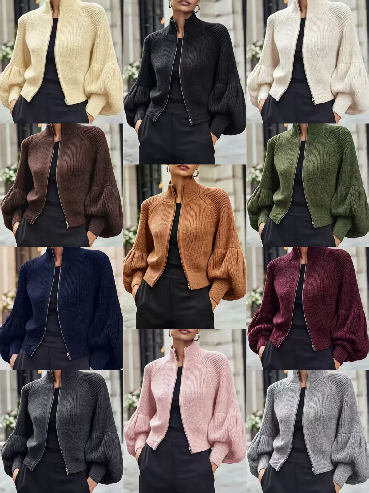 Women's Stand Collar Zip-Up Lantern Sleeve Textured Knit Sweater teemdrop