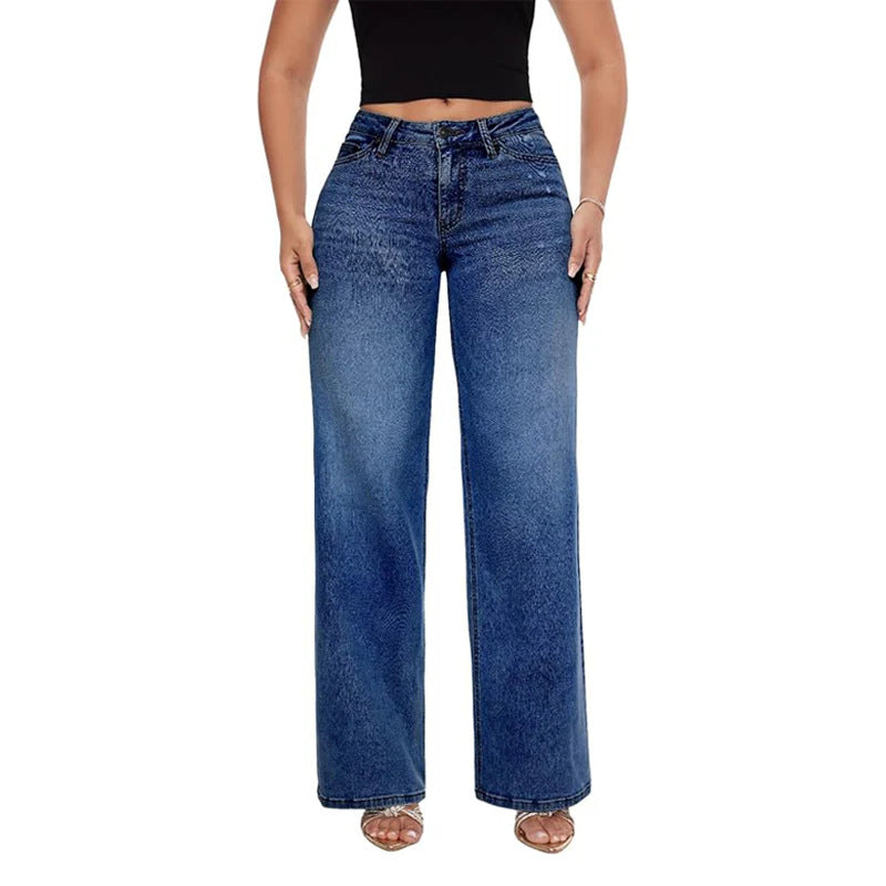 Women's High Elastic Butt-Lifting Mid-Waist Wide-Leg Denim Jeans teemdrop