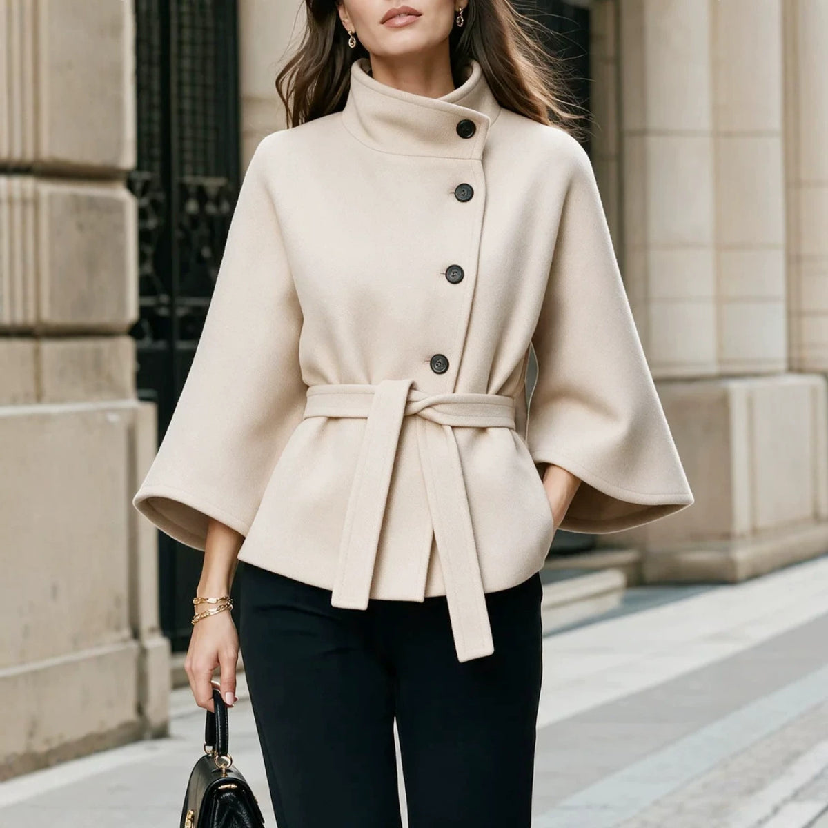 Women's Stand Collar Flared Sleeve Alpaca Wool Blend Coat teemdrop