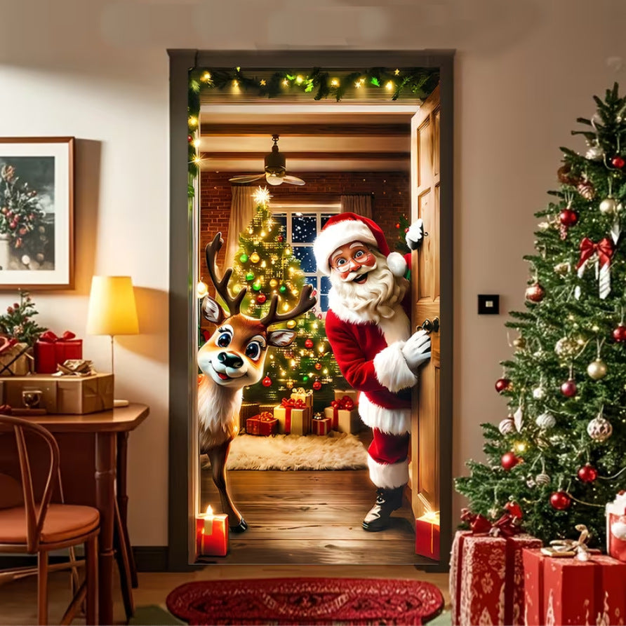 Milk Silk Christmas Door Banner Reindeer Santa Claus Design Festive Party Decoration Hanging Cloth for Home Living Room Bedroom teemdrop