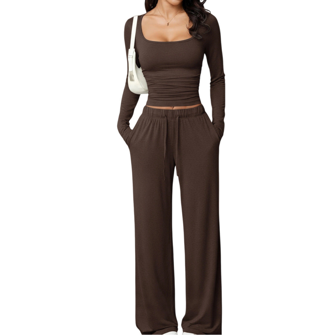casual pants set with square-neck long-sleeve short top