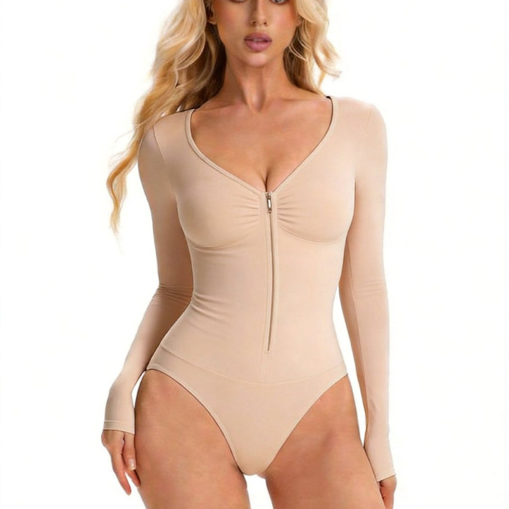 Seamless Zippered V-Neck Long-Sleeve Bodysuit teemdrop