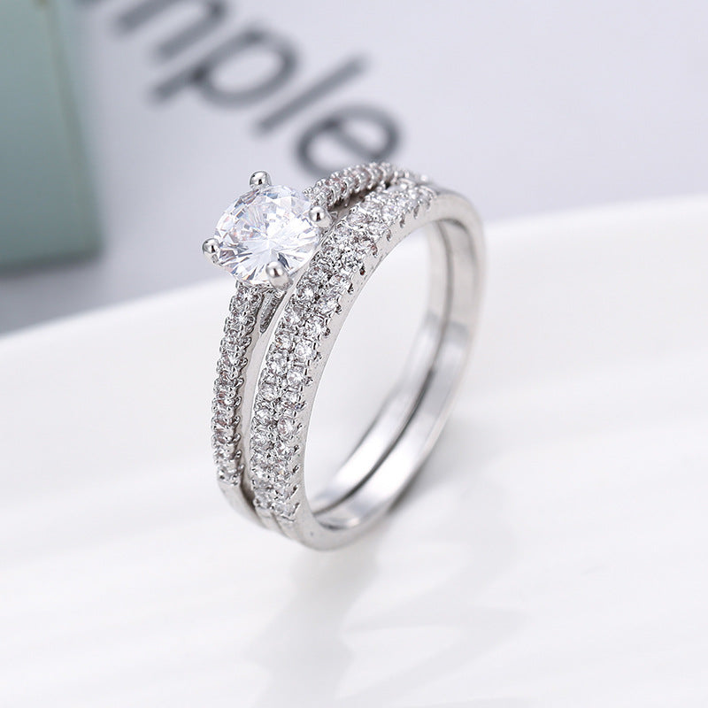Geometric Zircon Couple Ring Set Gold Plated Copper Jewelry