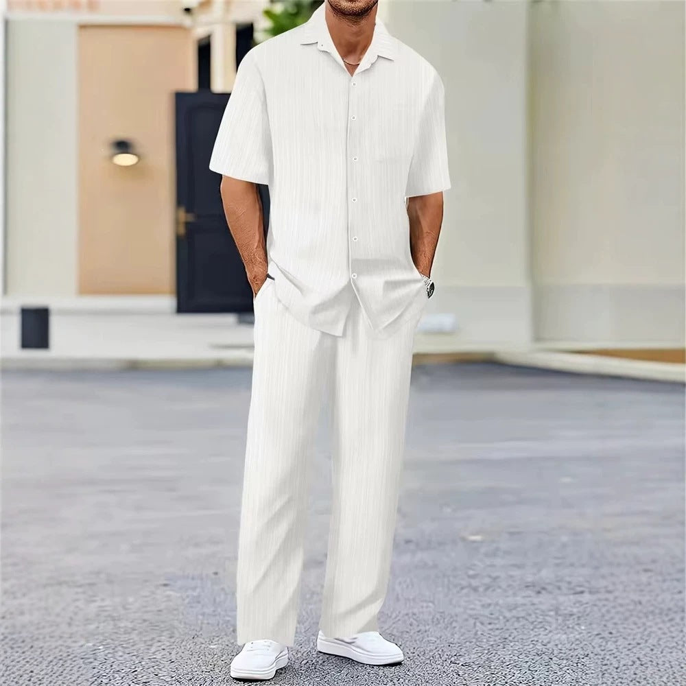 Mens Solid Color Short Sleeve Shirt and Drawstring Long Pants Two Piece Outfit teemdrop
