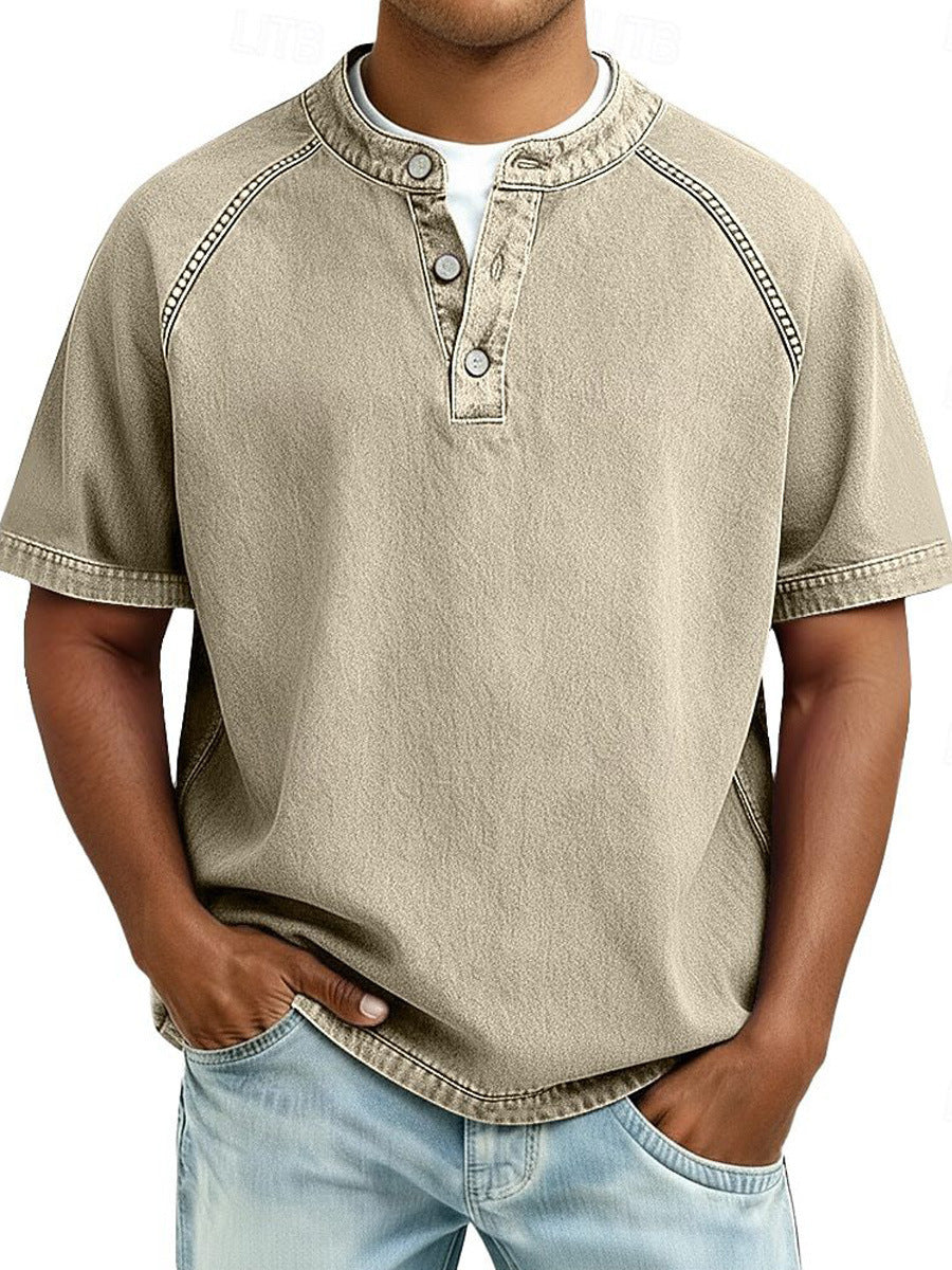 Men's Retro Casual Loose Fit Short Sleeve Button Up Polo Shirt Breathable Polyester Top teemdrop