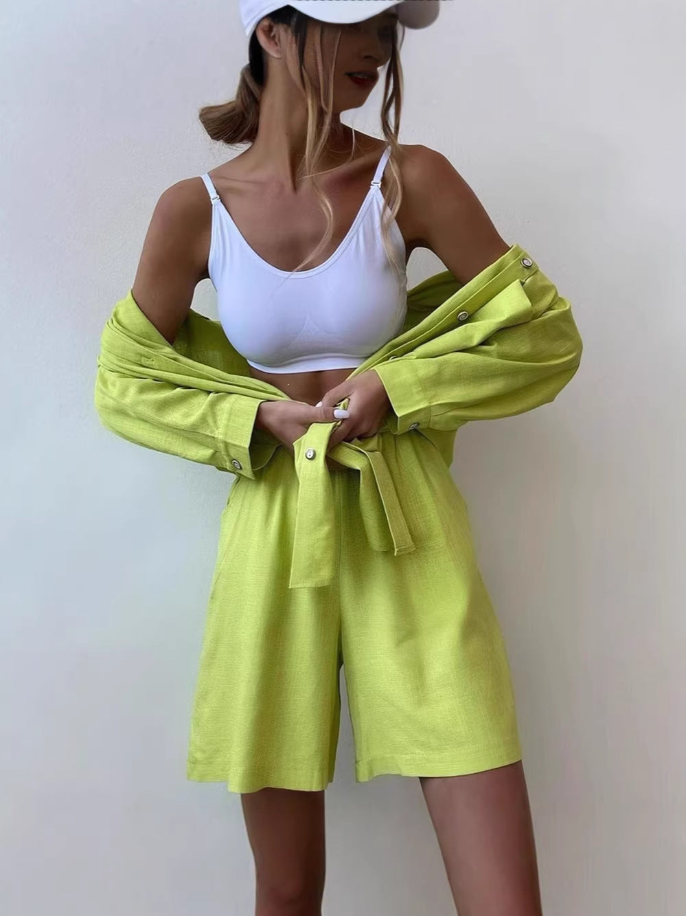 Women's Solid Lapel Shirt and High-Waist Shorts Casual Two-Piece Set teemdrop