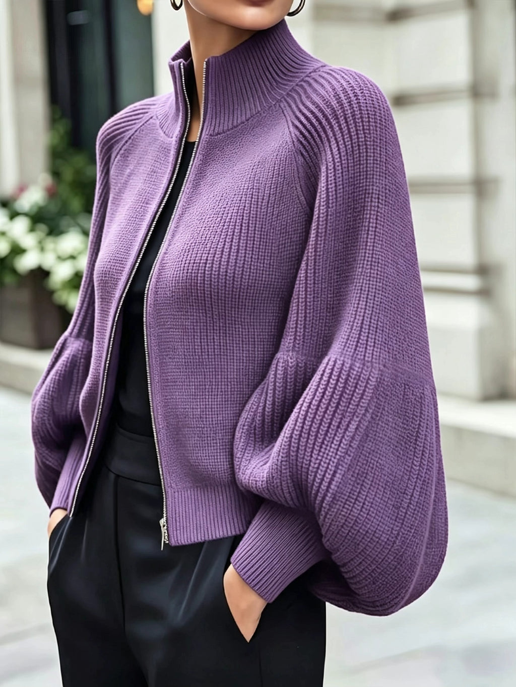 Women's Textured Knit Stand Collar Balloon Sleeve Cardigan teemdrop