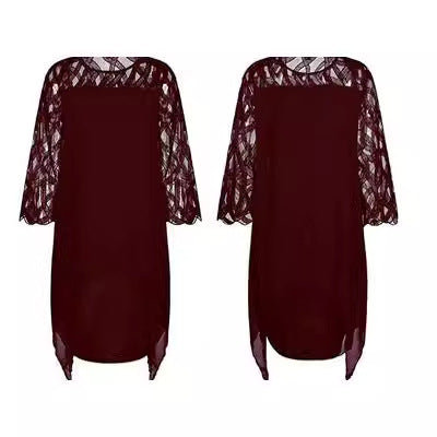 Women's Elegant Lace Patchwork Chiffon Dress with 3/4 Sleeves and Irregular Hem teemdrop