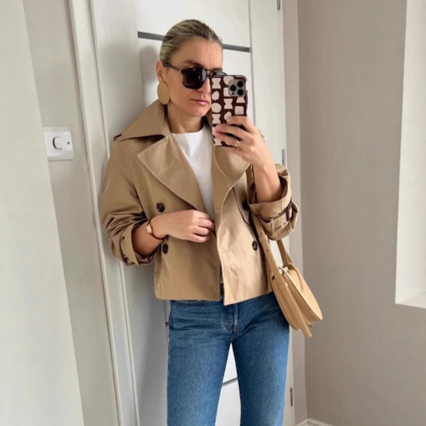 Double-breasted short trench coat teemdrop