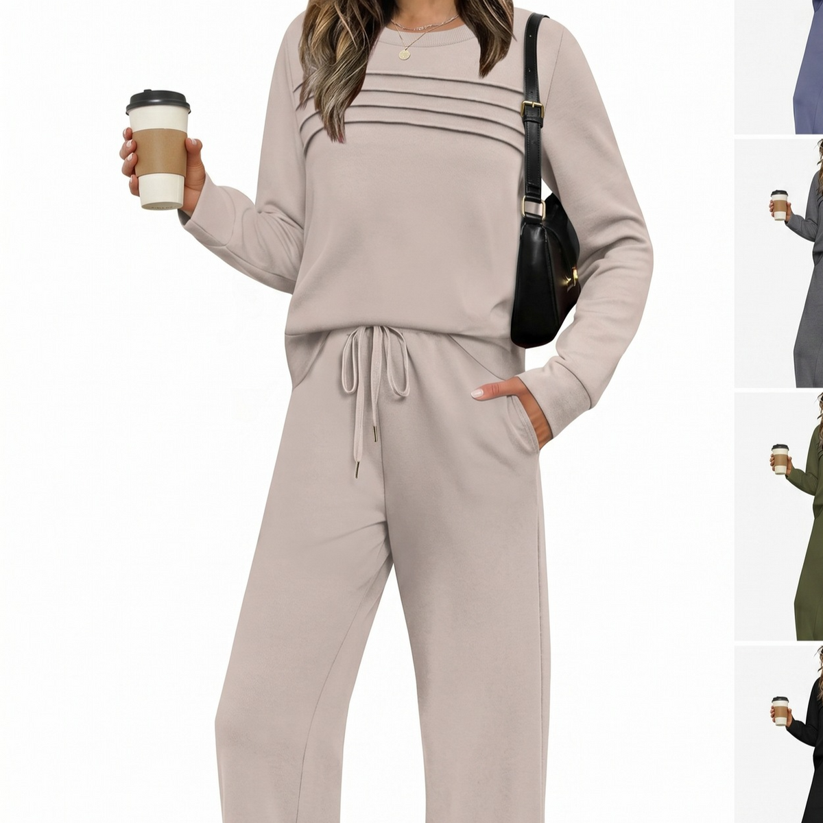 Women's Solid Color Two-Piece Set Pleated Sweatshirt and Wide-Leg Trousers Casual Knit Suit teemdrop