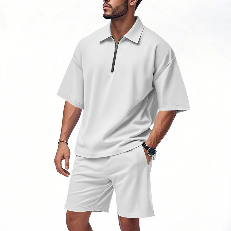 Men's two-piece short-sleeved zipper Polo shirt with shorts
