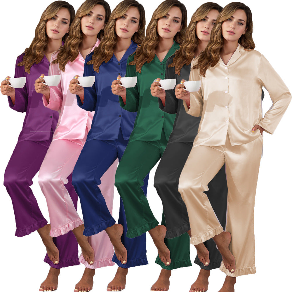 Women's Imitation Silk Long Sleeve Pajama Set Satin Lapel Loungewear Two-Piece Set teemdrop