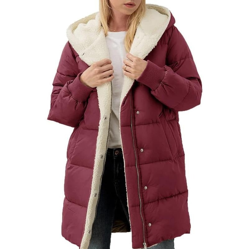 Solid color hooded cotton-padded jacket long-sleeved double-sided velvet slim-fit elegant cardigan teemdrop