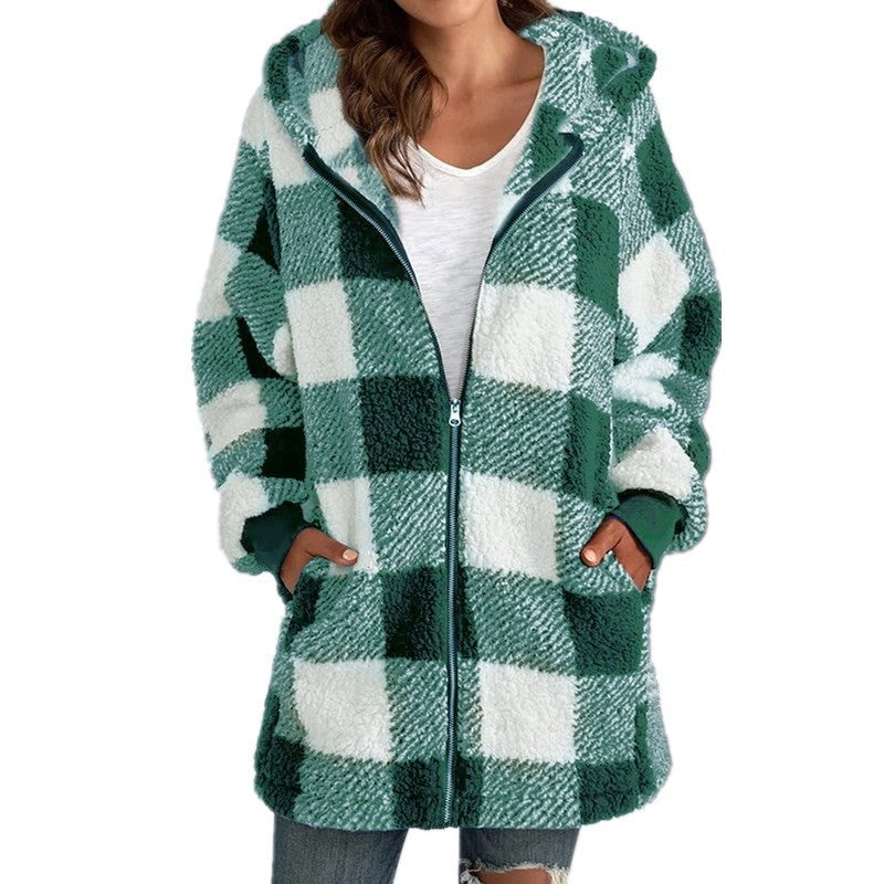 Women's Plush Long Sleeve Plaid Hooded Zip-Up Loose Coat