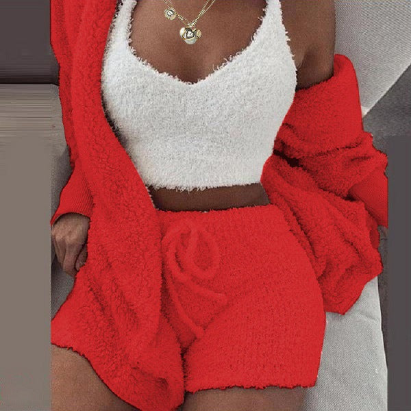 Women's Plush Three-Piece Long Sleeve Vest Shorts Track Set teemdrop