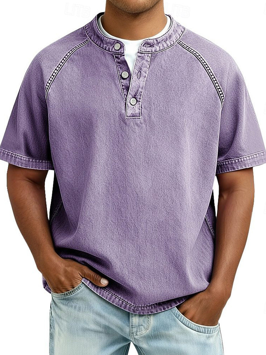 Men's Retro Casual Loose Fit Short Sleeve Button Up Polo Shirt Breathable Polyester Top teemdrop