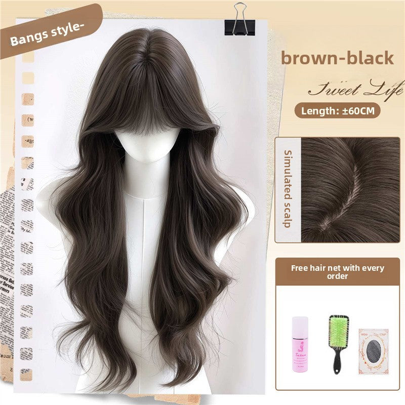 Women's Long Wavy Curly Full Head Wig Seamless Front with Bangs teemdrop