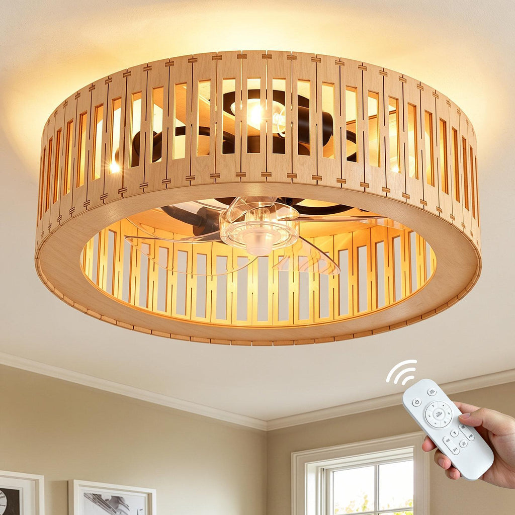 Wabi-Sabi Wooden Fan Chandelier Vintage Ceiling Lamp with Remote Control teemdrop