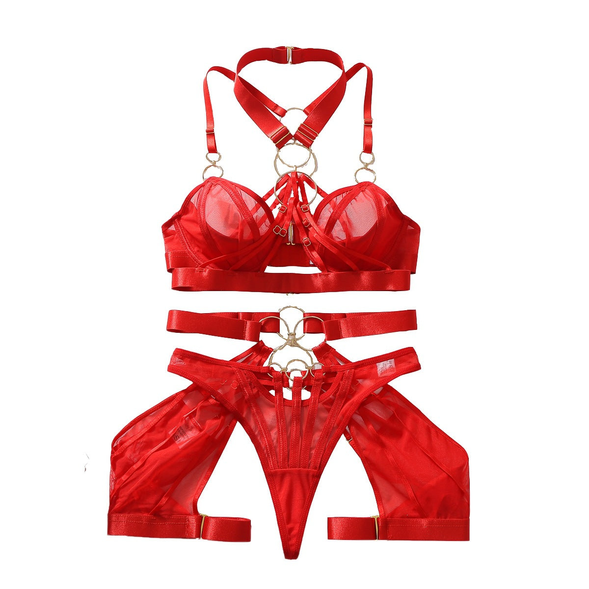 Women's Complex Strappy Sheer Lingerie Body Shaping Four-Piece Set teemdrop