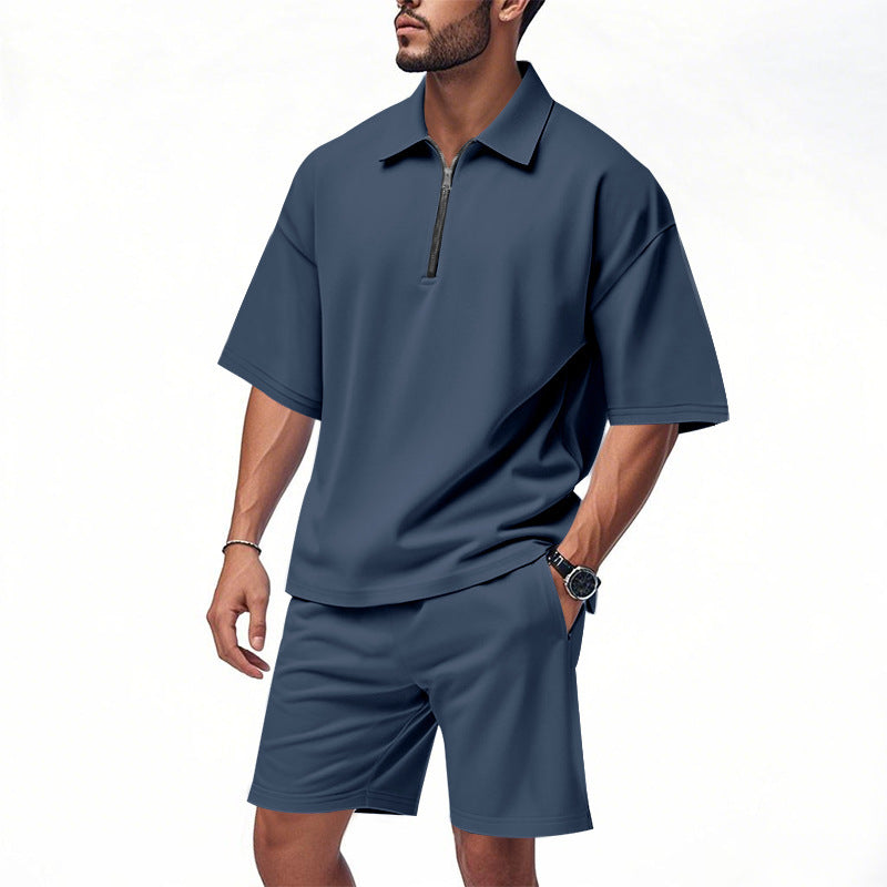 Men's two-piece short-sleeved zipper Polo shirt with shorts