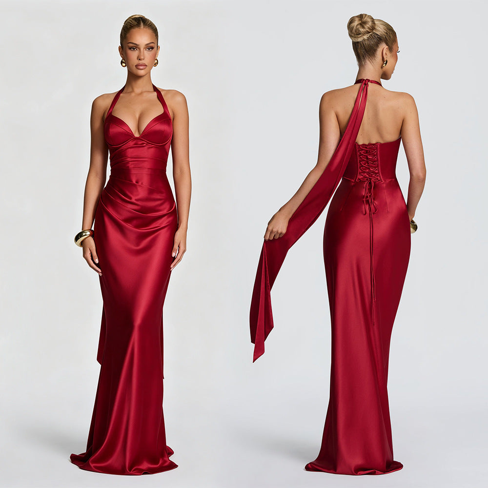 Fashion Elegant Satin Halter Neck Ribbon Backless Cross-Tie Floor-Length Fishtail Gown Dress teemdrop