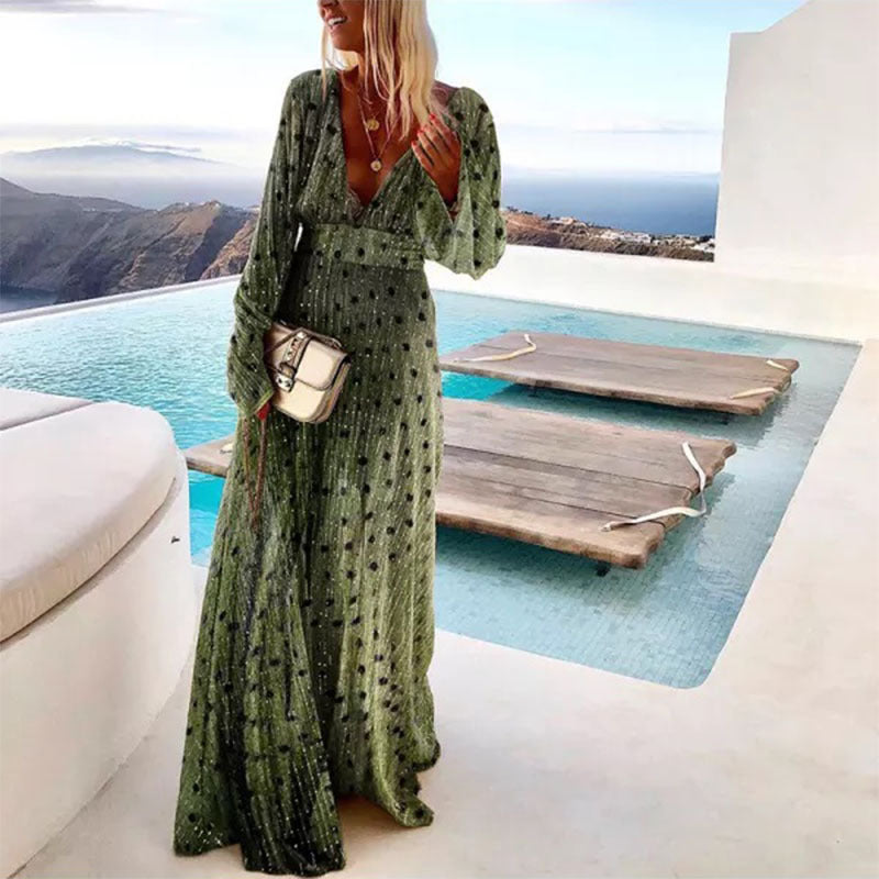 2025 Cross-Border Women's New Cross-Border Green Gradient Spot Print Fashionable Elegant Deep V Full Skirt Dress