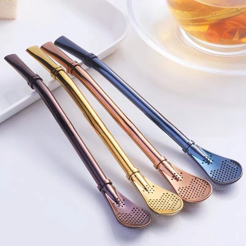 304 Stainless Steel Mesh Filter Straw Spoon with Built-in Strainer for Tea and Juice Mixing teemdrop