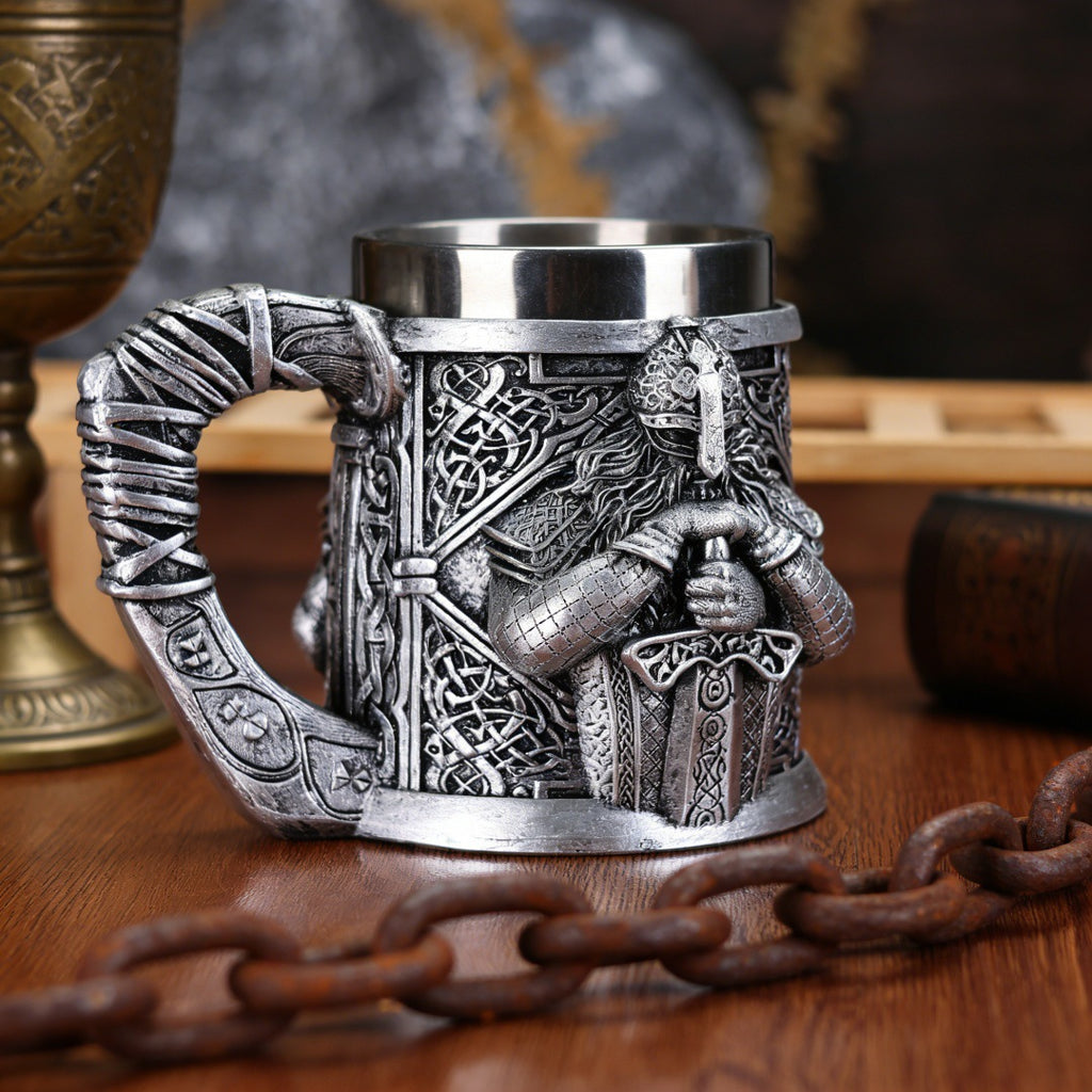 Vintage Viking Warrior 3D Relief Resin Beer Mug with Stainless Steel Inner Liner Retro Drinking Cup Holiday Gift teemdrop