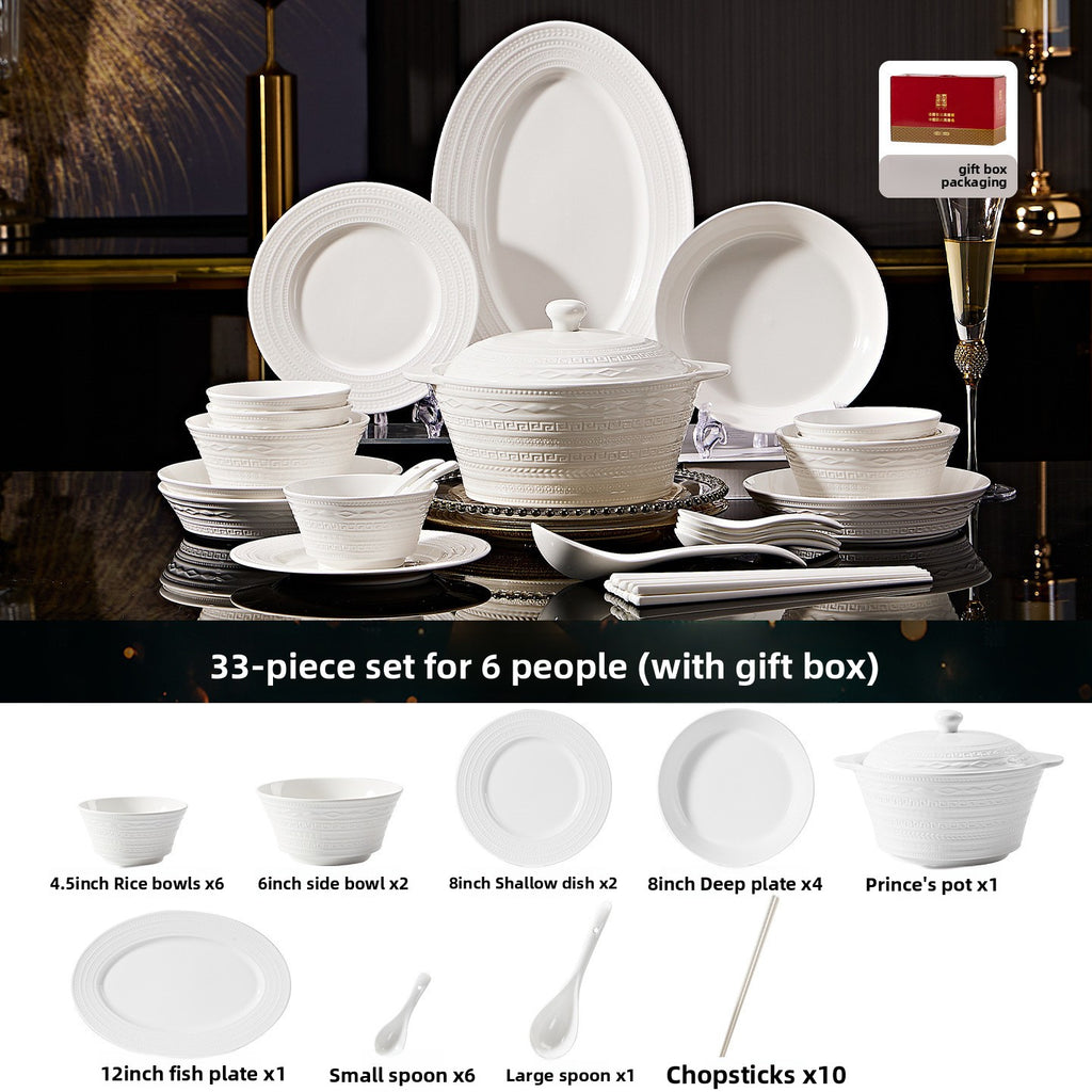 Jingdezhen French Embossed Pure White Ceramic Dinnerware Set