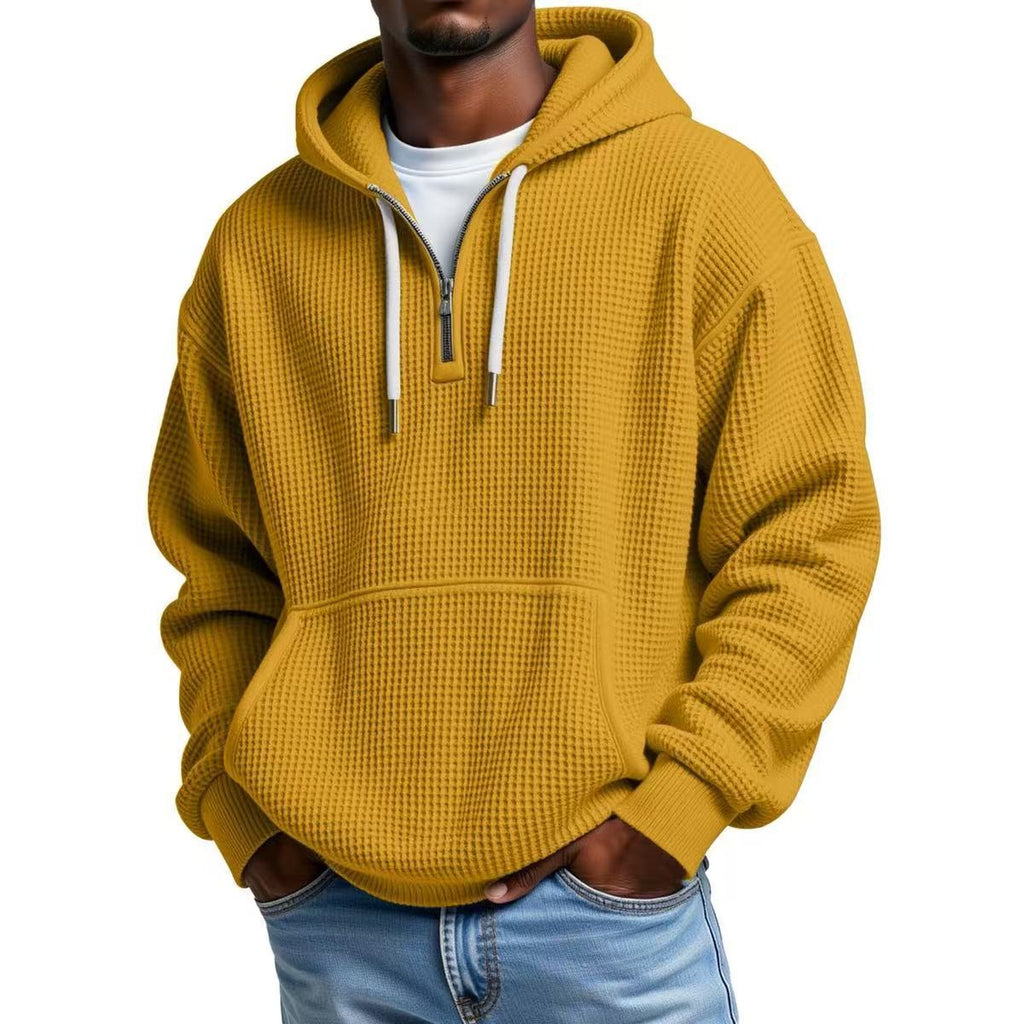 Men?s Heavyweight Waffle Knit Zip-Up Hooded Long Sleeve Loose Fit Casual Sweatshirt teemdrop