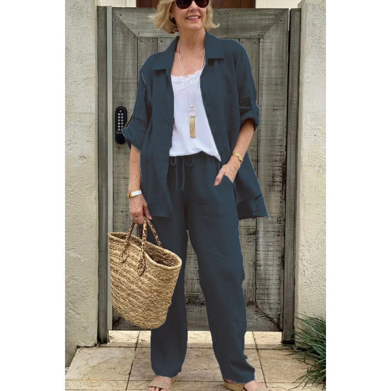 Women's Linen Blend Long Sleeve Shirt Trousers Suit
