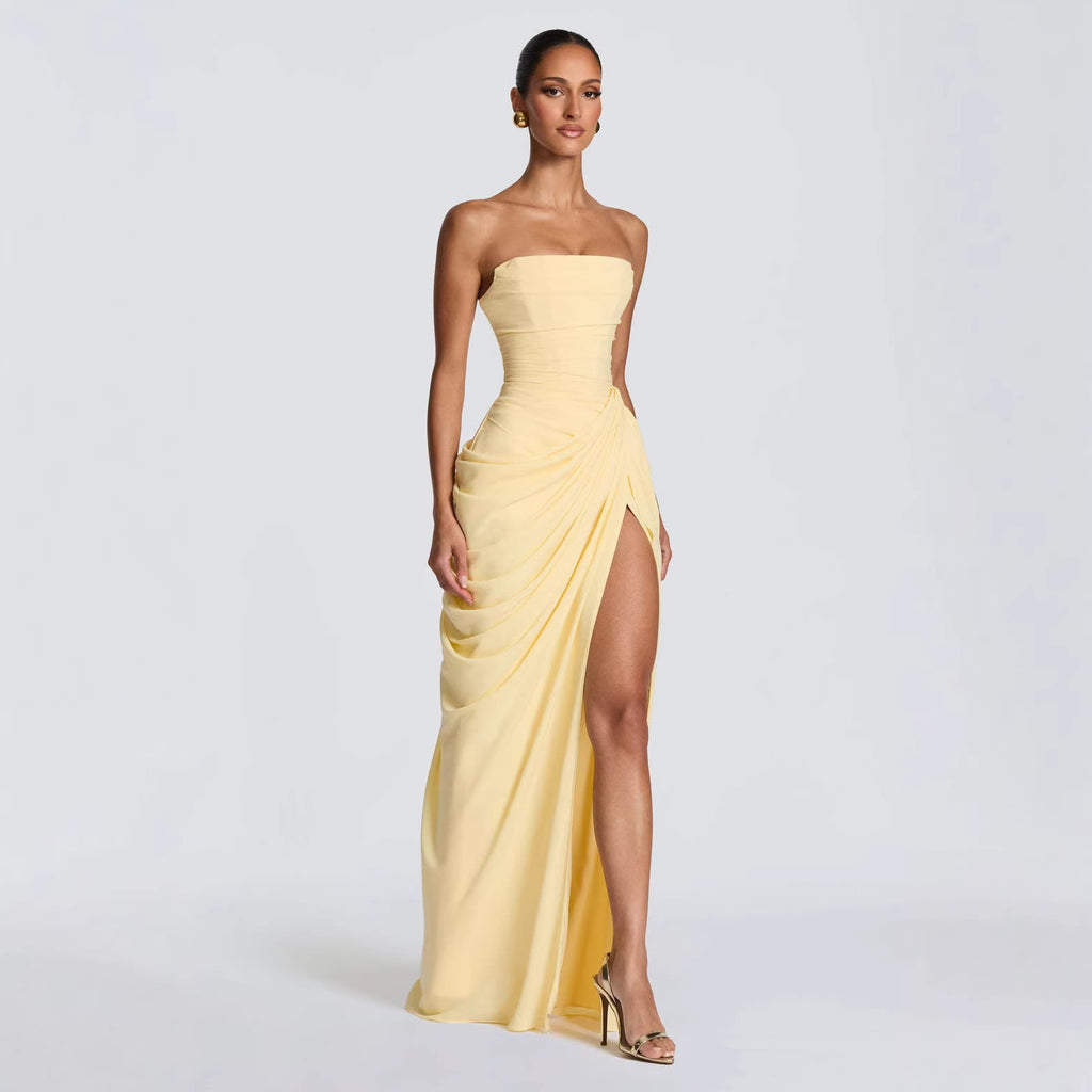 Women's Fashion Off-Shoulder Tube Top Solid Color Slit Fashionable Sexy Backless Evening Dress teemdrop