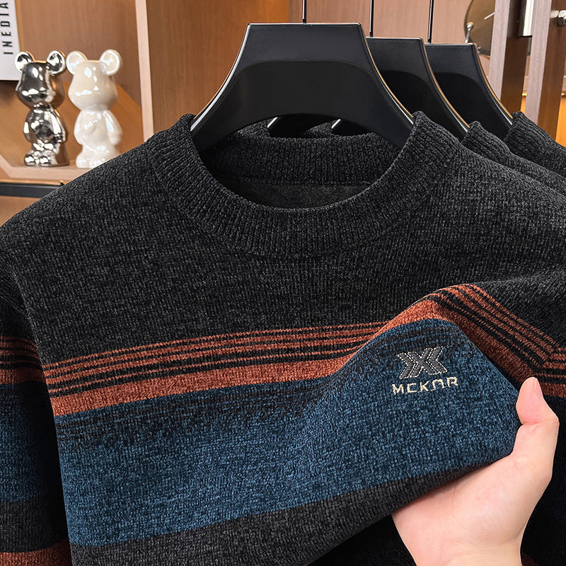 Men's Thickened Warm Striped Round Neck Long Sleeve Knitted Sweater teemdrop
