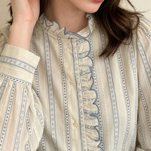 Women's 100% Cotton Ruffled Stand Collar Striped Long Sleeve Blouse teemdrop