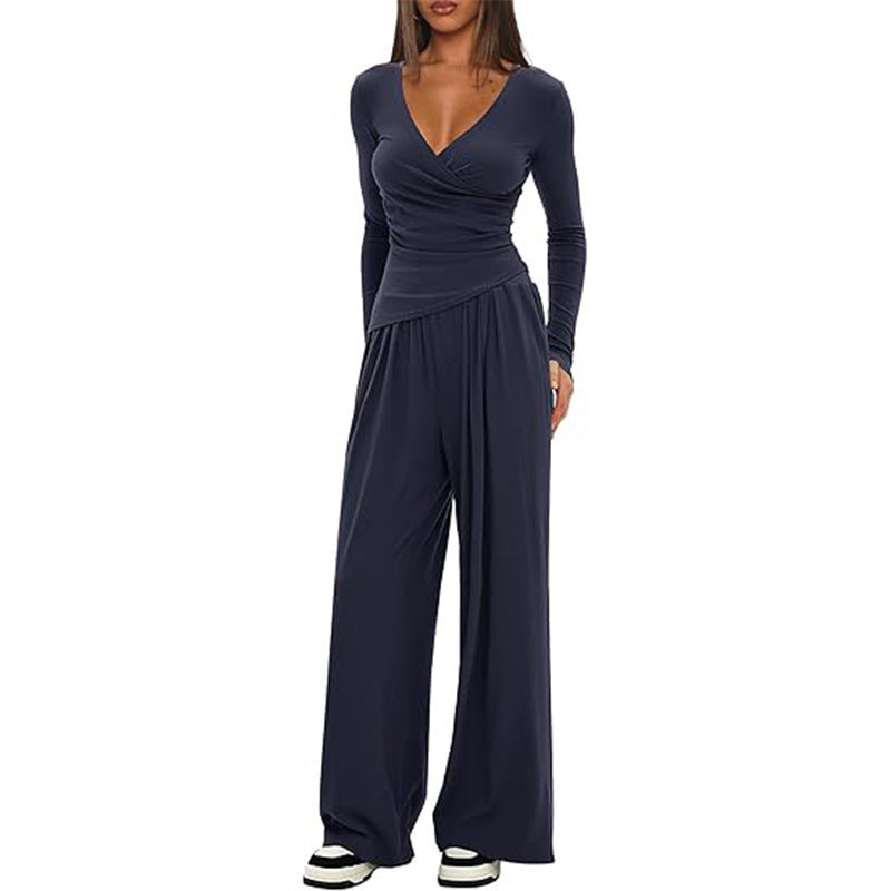 Women's Solid Color Knit V-Neck Long Sleeve Top and Wide Leg Pants Two-Piece Set teemdrop