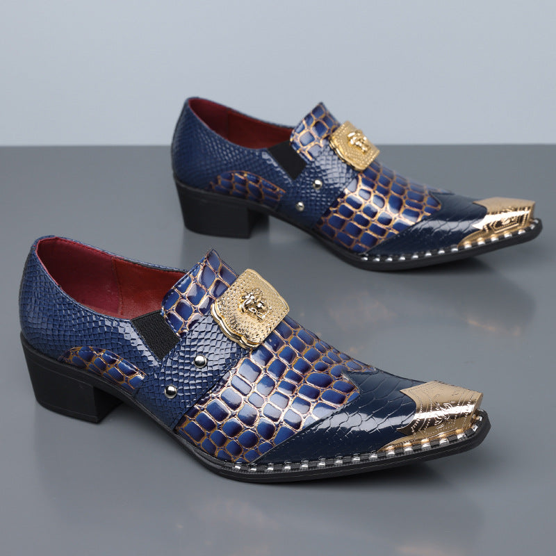 Men's Chunky Heel Pointed Toe Slip-on PU Leather Loafers teemdrop