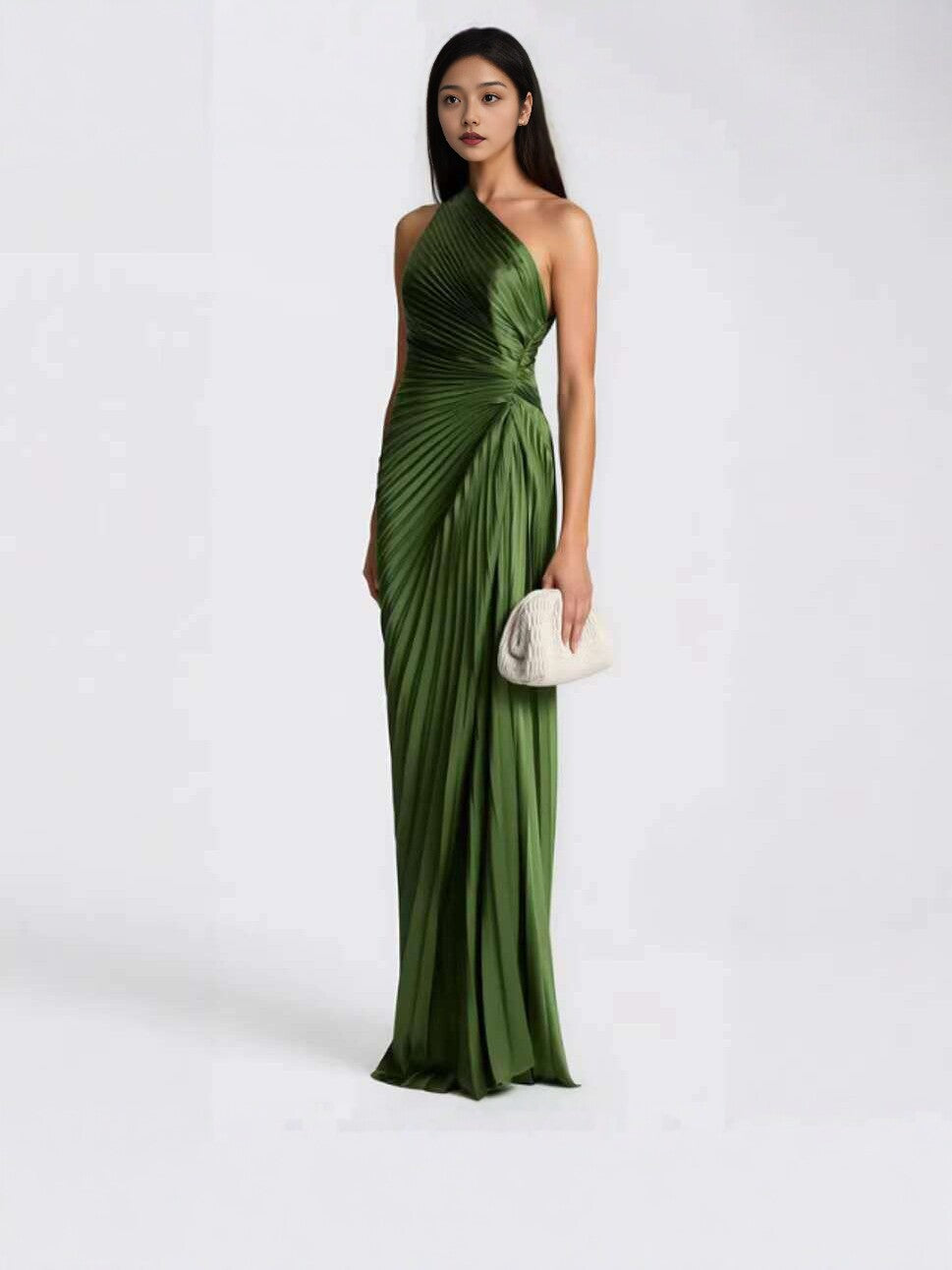 Women's Satin Halter Neck High-Waisted Pleated Long Dress teemdrop