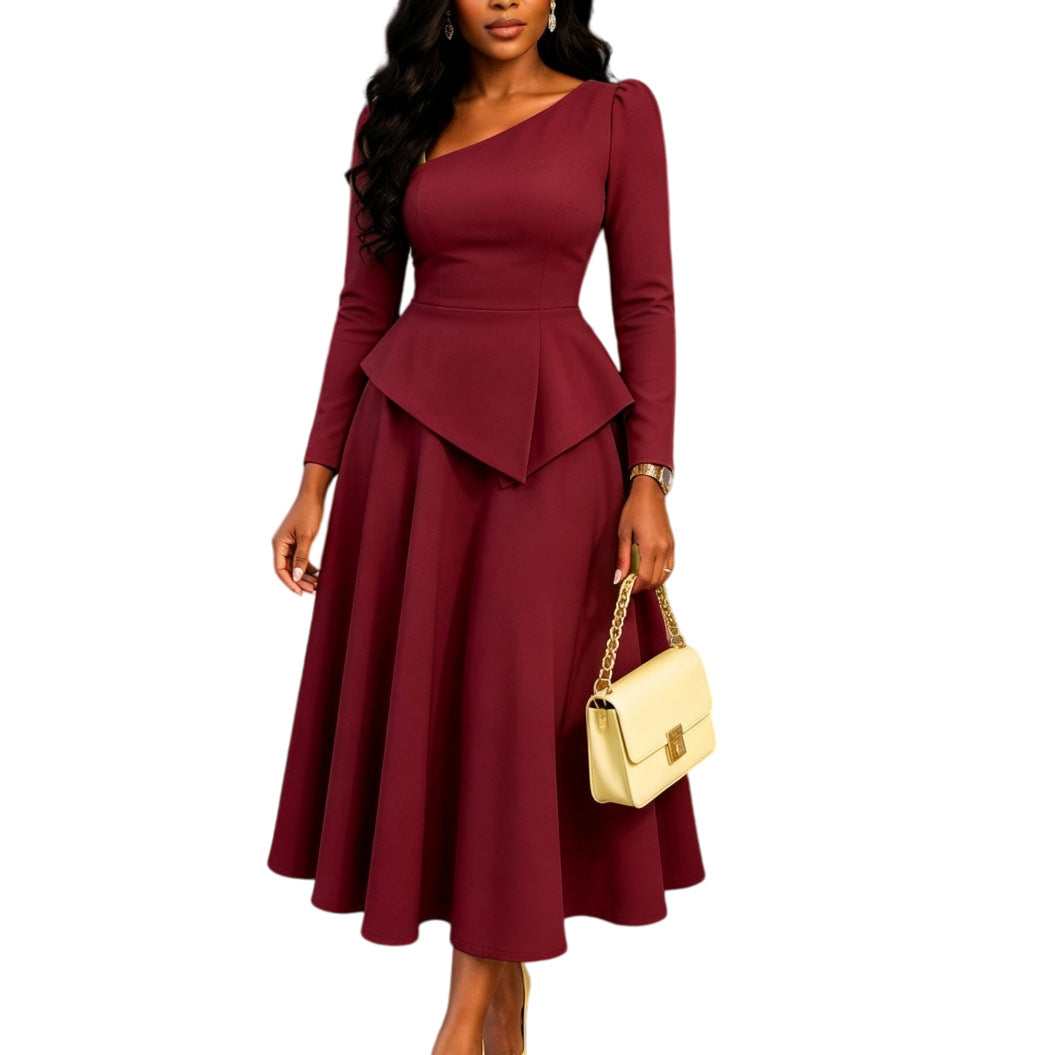 Women's Slanted Neckline Ruffled Waist Midi Dress teemdrop