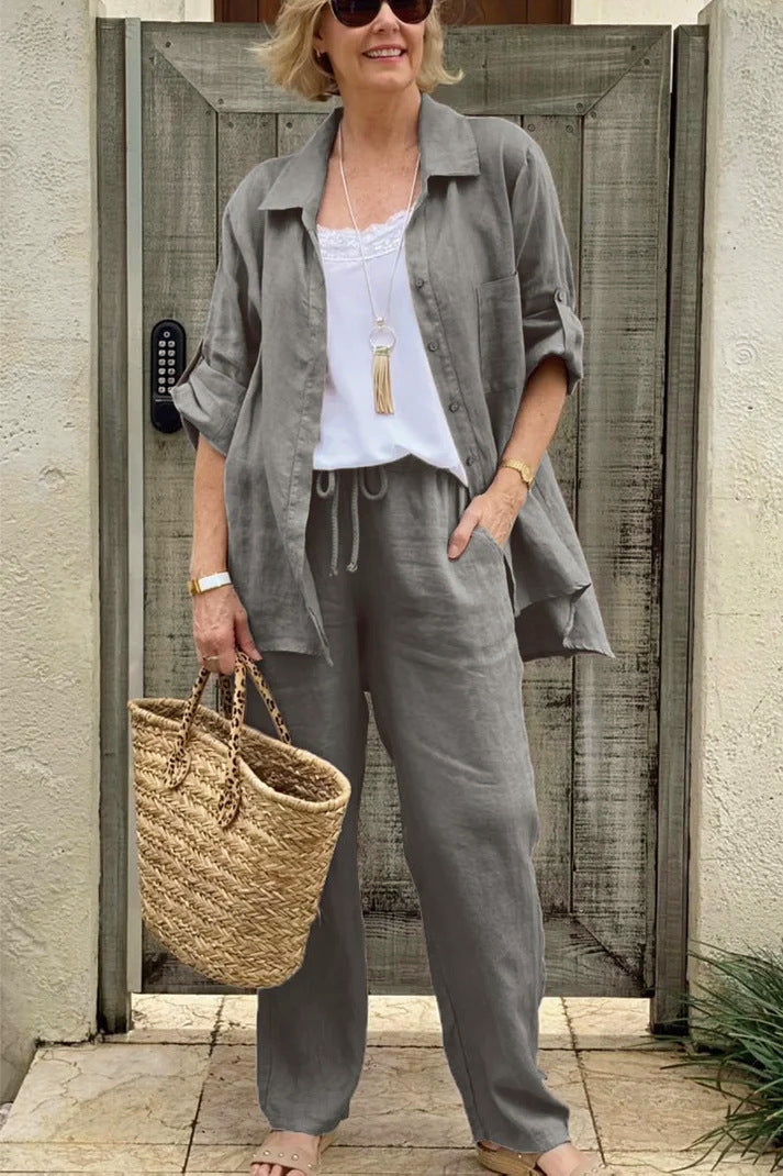 Women's Linen Blend Long Sleeve Shirt Trousers Suit