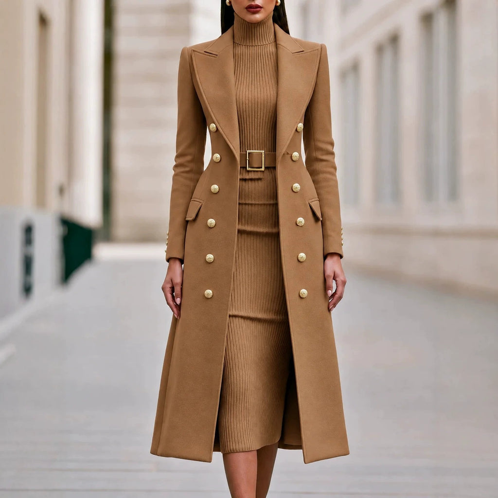 Women's Double-Breasted Woolen Coat and Knitted Dress Two-Piece Set teemdrop
