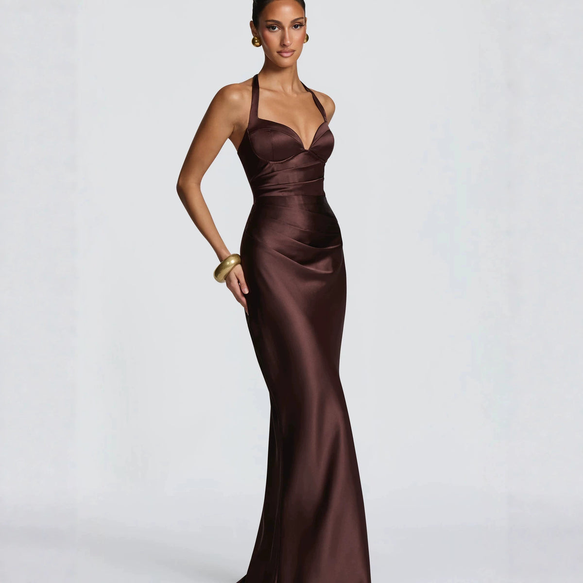 Women's Halter Satin Fishtail Dress Deep V-Neck Backless Tie-Back Long Party Dress teemdrop