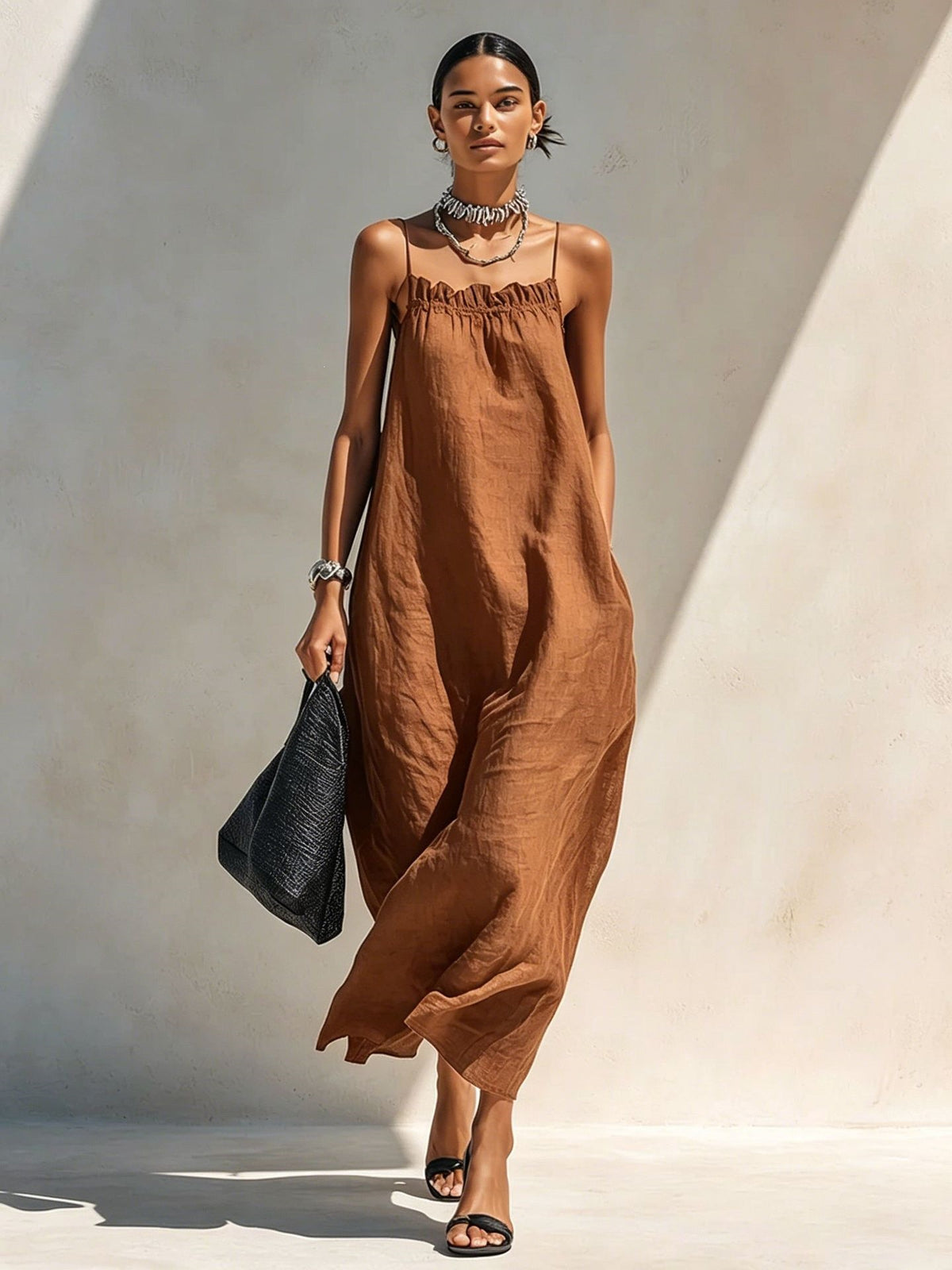 Women's One-Shoulder Sleeveless Smocked Long Dress teemdrop