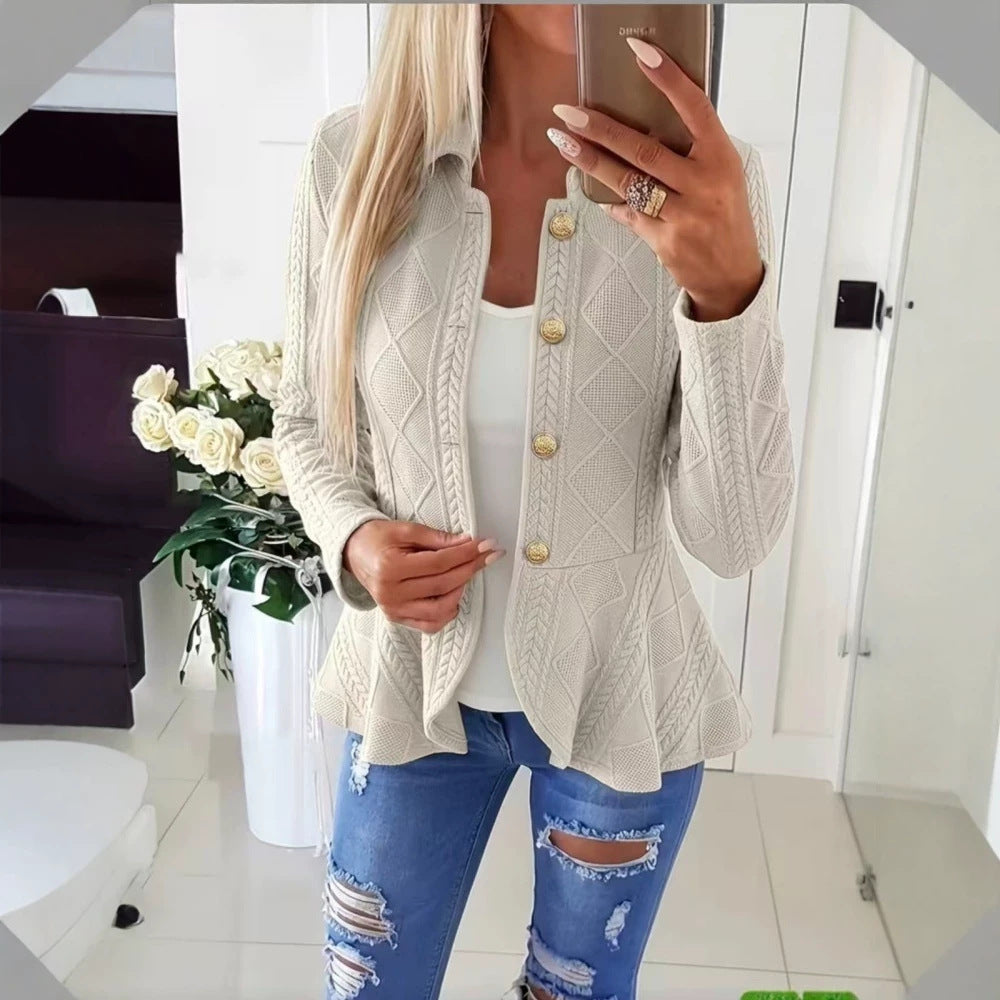 Women's Diamond Pattern Knit Cardigan with Ruffle Hem and Gold Buttons teemdrop
