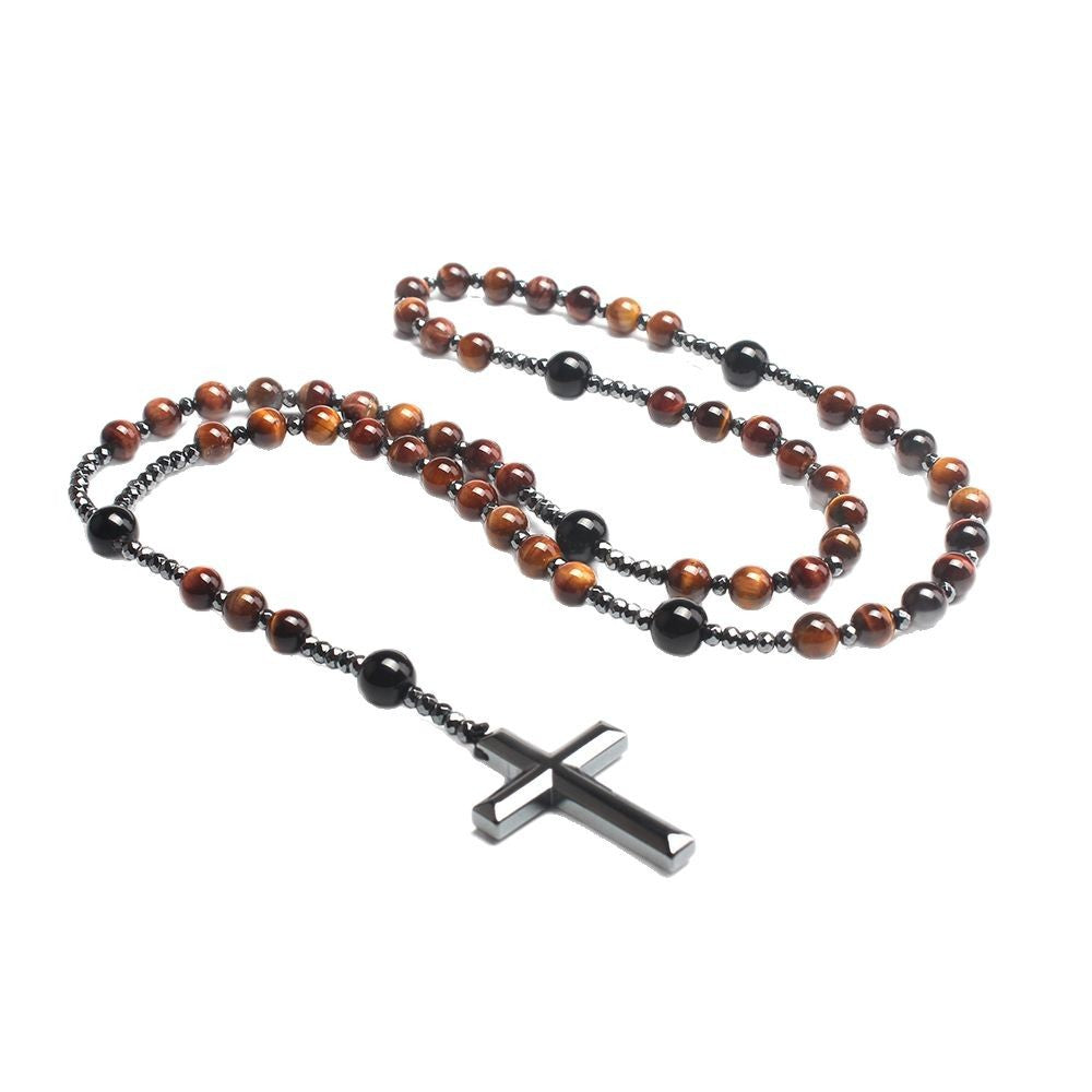 Tiger-eye stone cross necklace