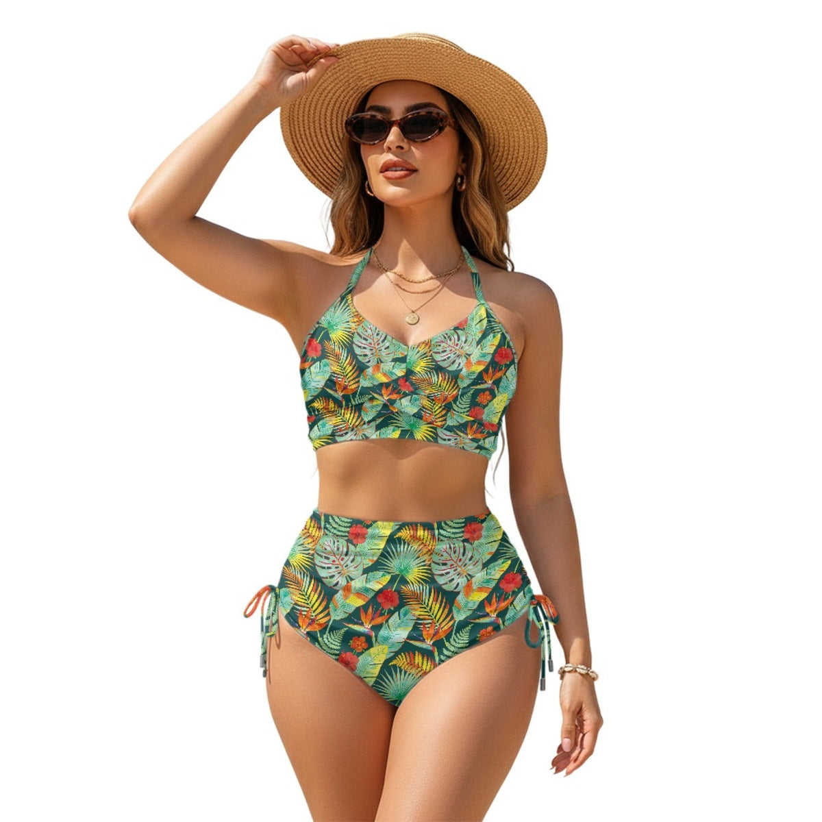 Women Sexy Animal Print High-Waist Drawstring Two-Piece Bikini Swimsuit teemdrop