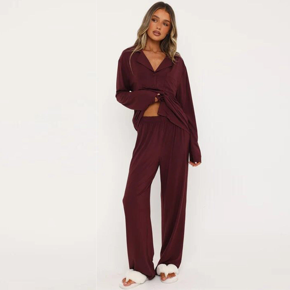 Women Modal Lapel Collar Long Sleeve Sleepwear Set teemdrop