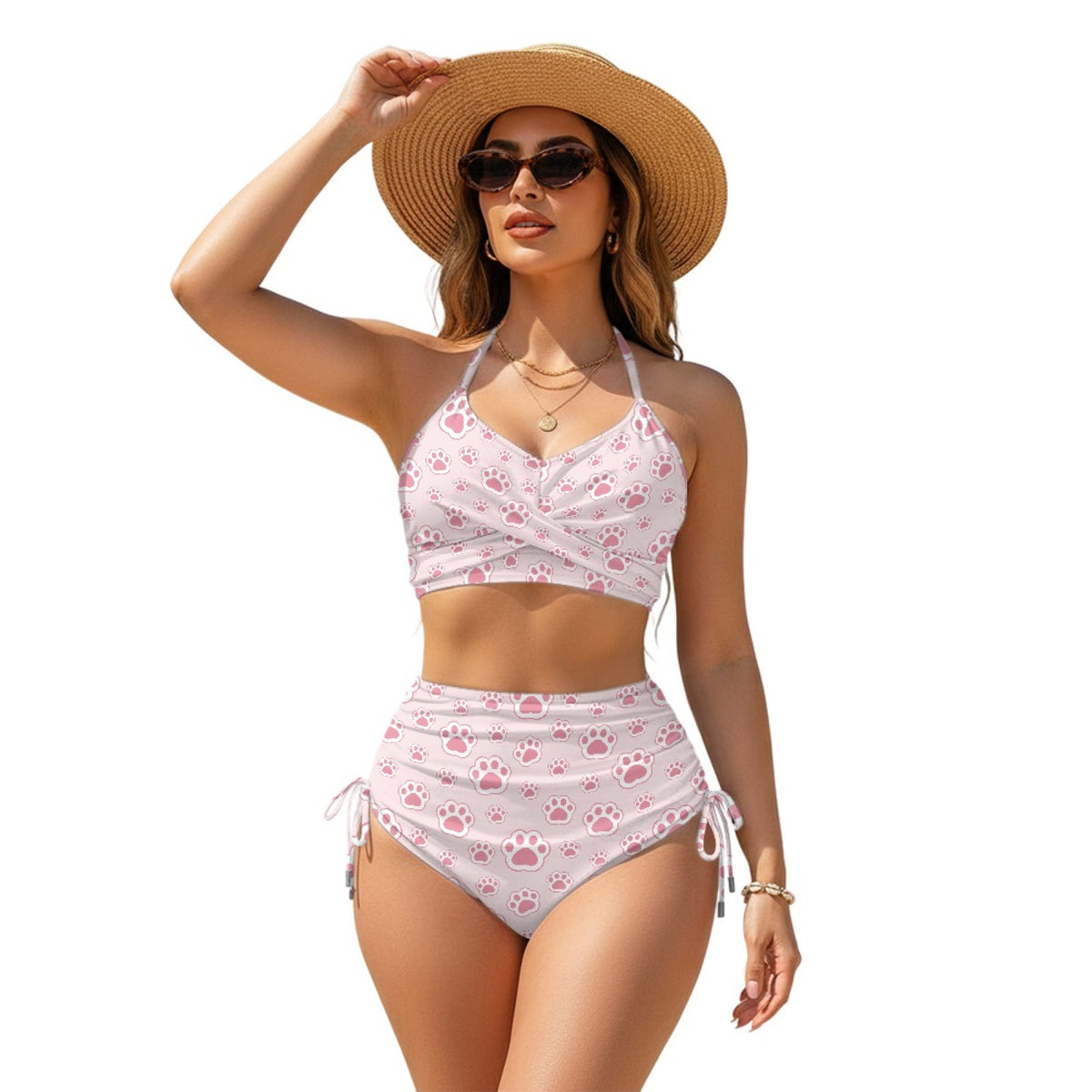 Women Sexy Animal Print High-Waist Drawstring Two-Piece Bikini Swimsuit teemdrop
