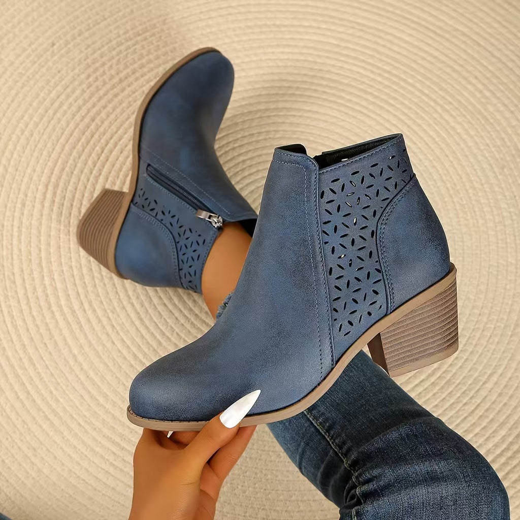 Women's Hollow Pointed Toe Low Heel Chelsea Boots with Side Zipper teemdrop