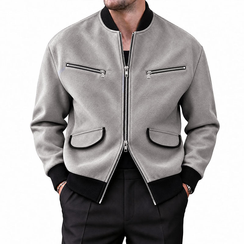 Men's Stand Collar Zipper Jacket Solid Color Casual Long Sleeve Outerwear teemdrop