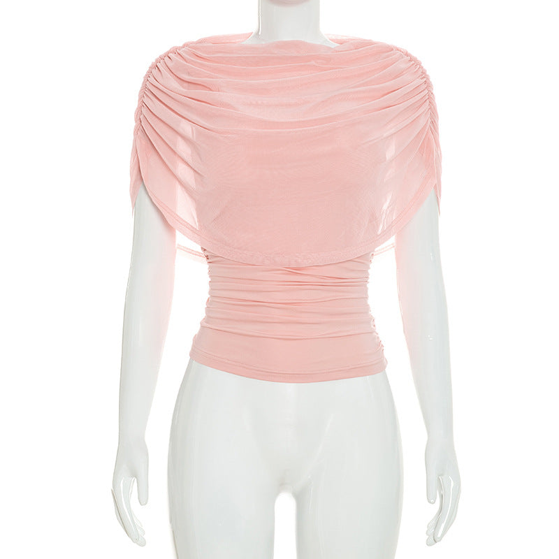 Lady's sleeveless scarf-necked pleated blouse